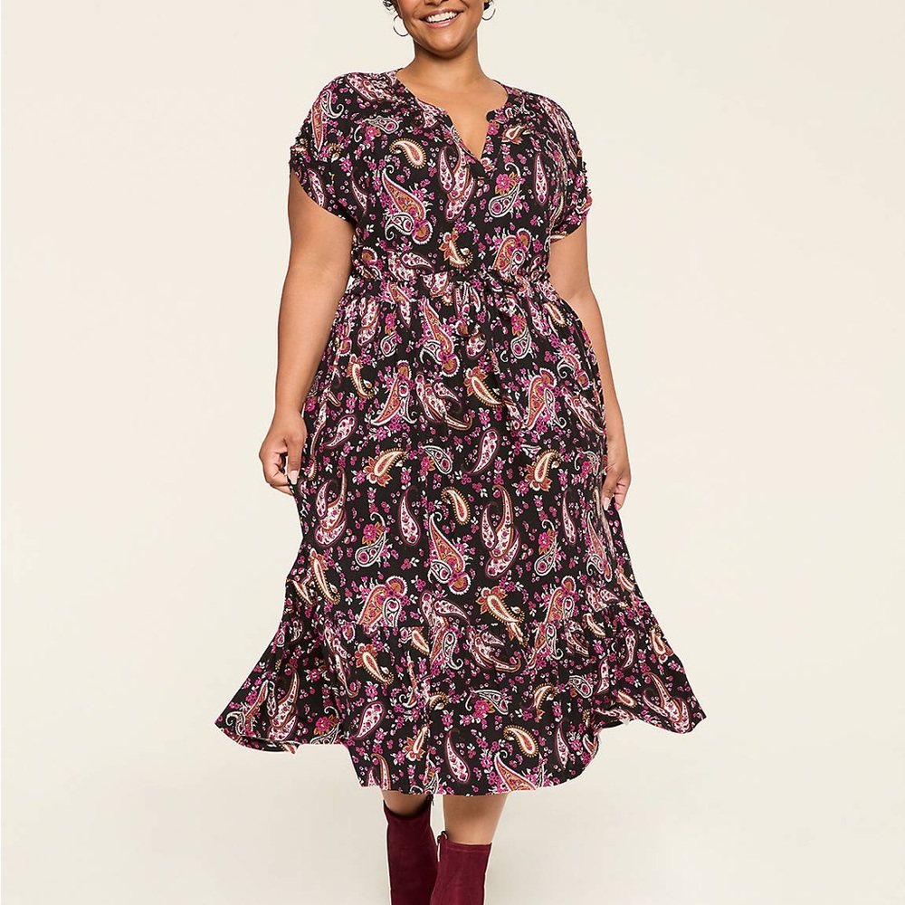 Lane Bryant 18/20 Black Paisley Shirred Shoulder Tie Waist Jersey Midi Dress